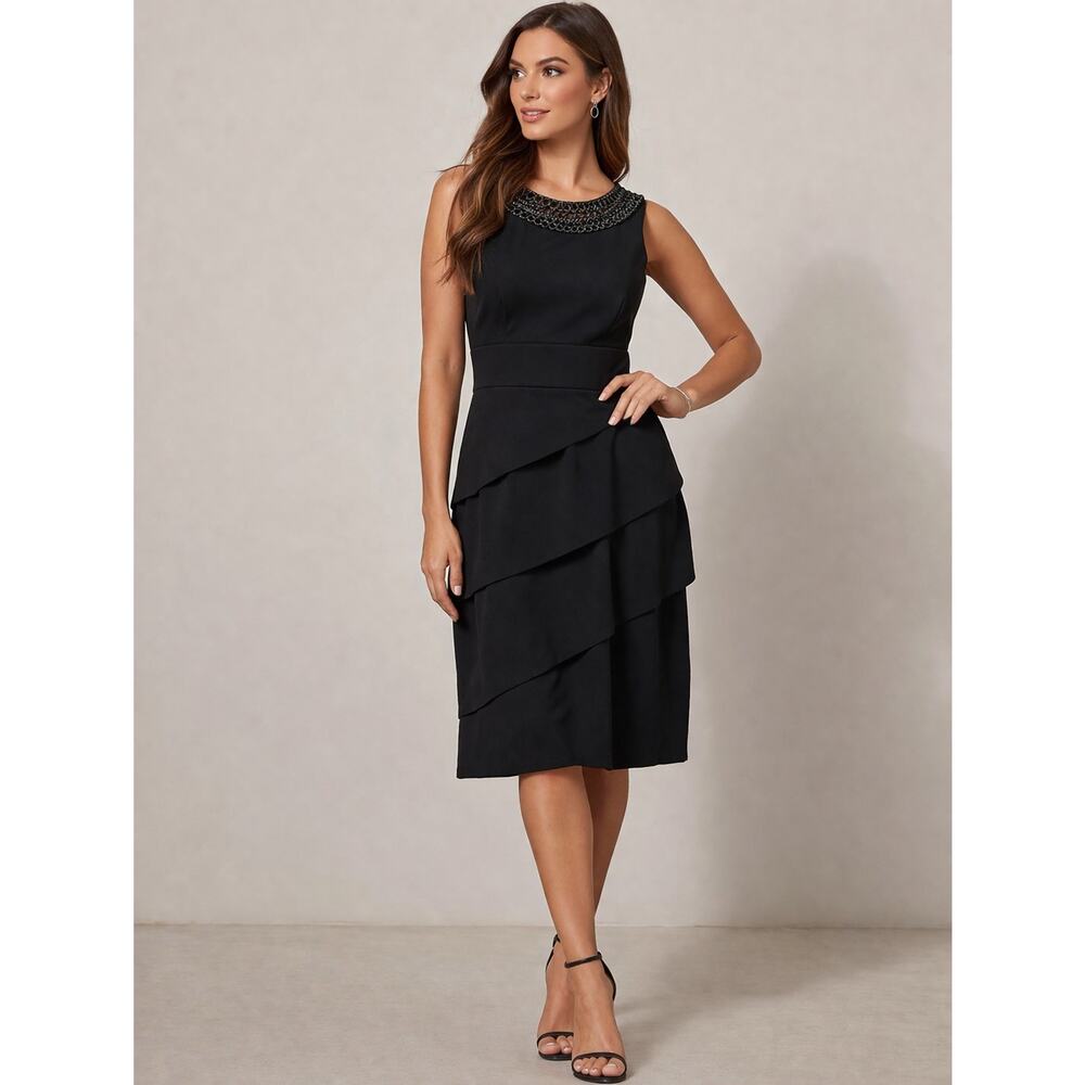 Connected Apparel Black Cocktail Dress Beaded Neck Tiered Sheath Midi Sz 6
